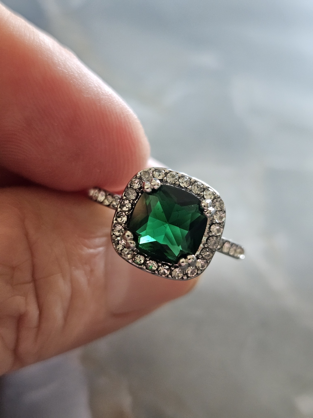 Emerald Halo Silver Ring with Green Crystal